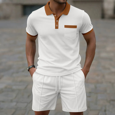 Men’s Polo Shirt and Shorts Set – Slim Fit – Cotton Blend – Half Button Top – Chest Pocket