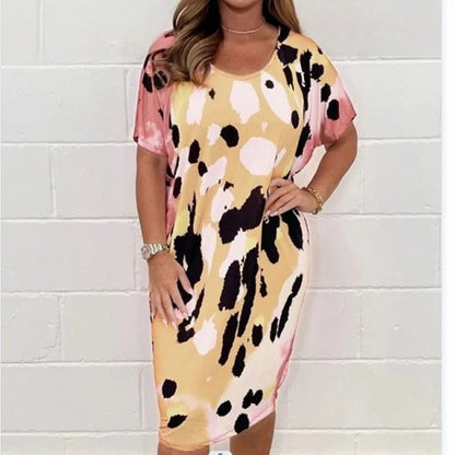 Women’s Midi Dress – Relaxed Fit – Lightweight Breathable – Watercolor Print – Short Sleeve