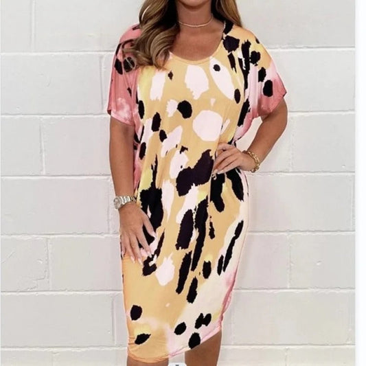 Women’s Midi Dress – Relaxed Fit – Lightweight Breathable – Watercolor Print – Short Sleeve