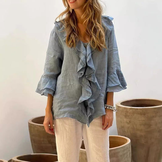 Women’s V-Neck Top – Loose Fit – Ruffle Trim – Bell Sleeves – Lightweight Linen