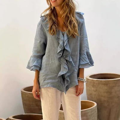 Women’s V-Neck Top – Loose Fit – Ruffle Trim – Bell Sleeves – Lightweight Linen