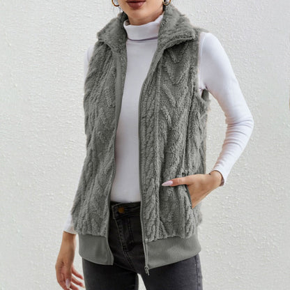 Women’s Sleeveless Vest – Jacquard Fleece – Zip Front – High Collar – Relaxed Fit