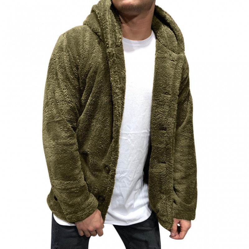Men’s Hooded Jacket – Fleece Texture – Relaxed Fit – Button Front Casual Outerwear