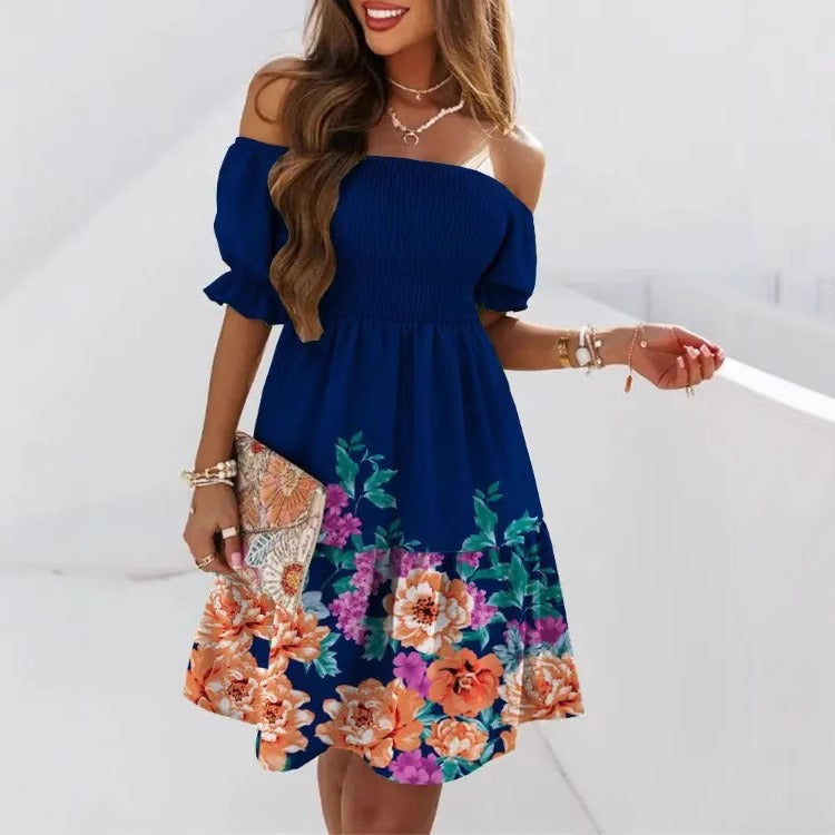 Women’s Midi Dress – One-Shoulder Smocked Bodice – Printed A-Line – Puffed Sleeves