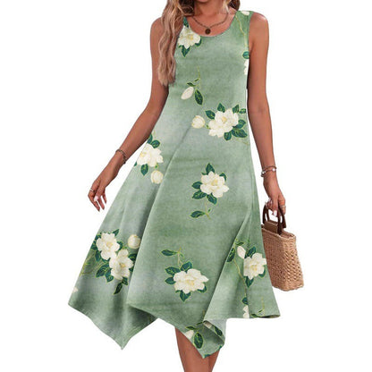 Women’s Midi Dress – A-Line Fit – Cotton Blend – Sleeveless Abstract Print – Asymmetrical Hem