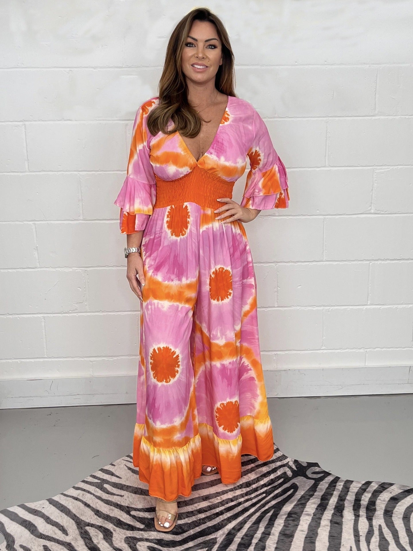 Women’s Jumpsuit – Tie-Dye Print – Flared Legs – Bell Sleeves – Relaxed Fit V-Neck