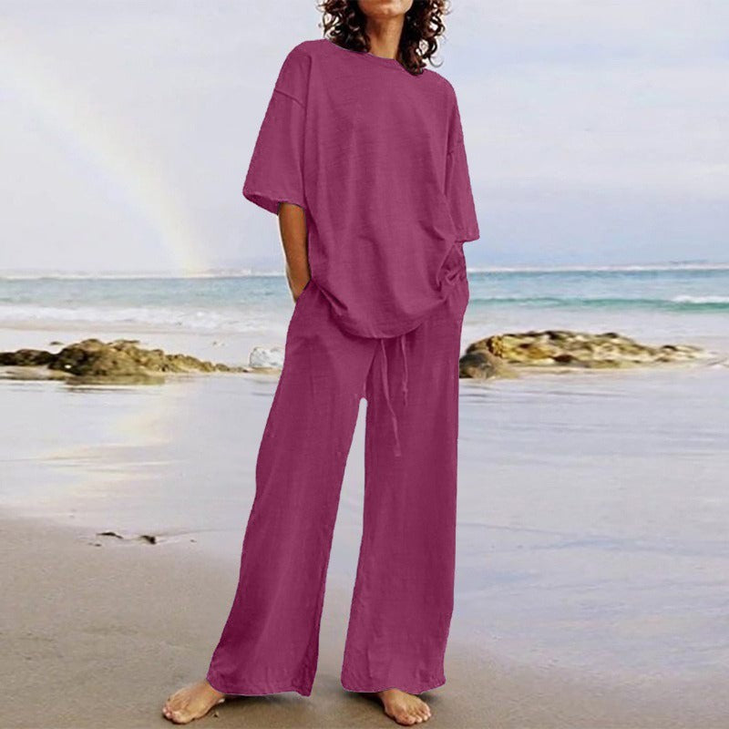 Women’s Two-Piece Set – Relaxed Fit Cotton Blend – O-Neck Top – Wide-Leg Trousers with Pockets