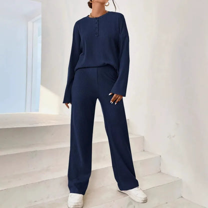 Women’s Loungewear Set – Ribbed Knit – Relaxed Fit Henley Top – Full-Length Pants