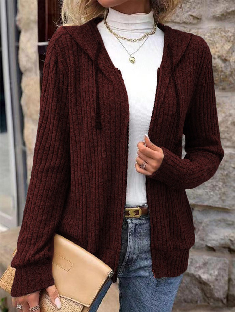 Women’s Knit Sweater – Relaxed Fit – Ribbed Texture – Zip Front – Hooded – Long Sleeve
