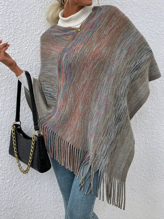 Women’s Shawl Sweater – Knitted Wool Blend – Oversized Fit – Fringed Hem – Casual Layering