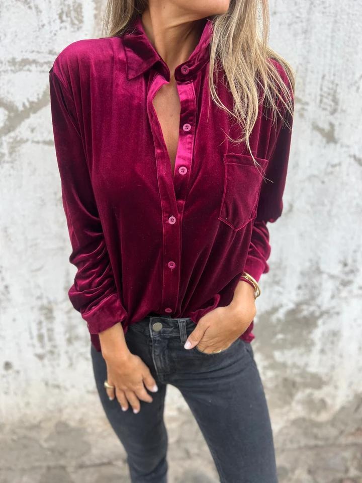 Women’s Velvet Shirt – Loose Fit – Long Sleeve – Button Front – Classic Collar