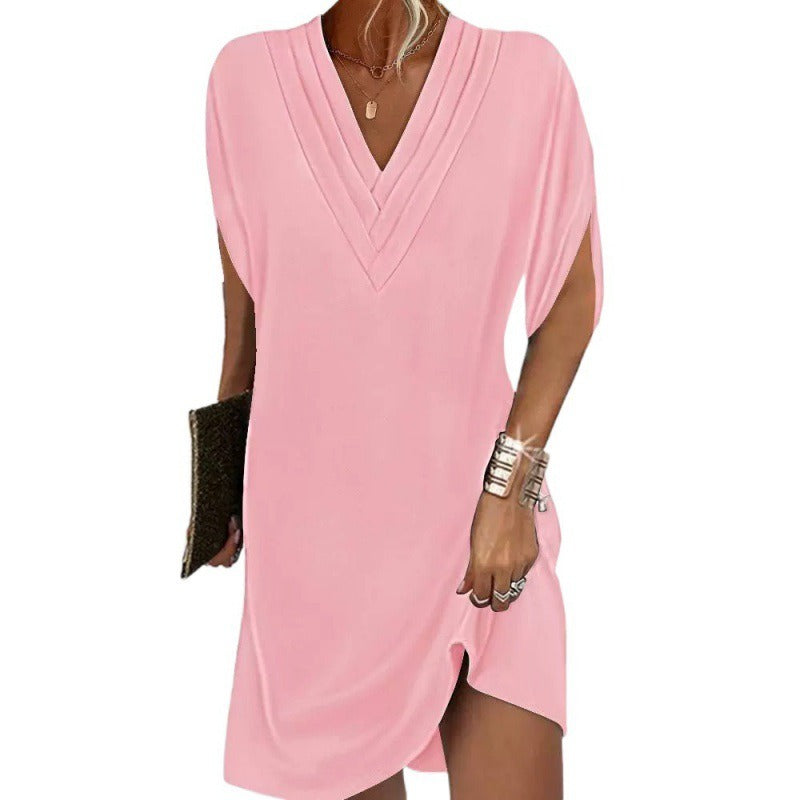 Women’s Mini Dress – Relaxed Fit – V-Neck Pleated – Batwing Sleeve – Flowy Fabric