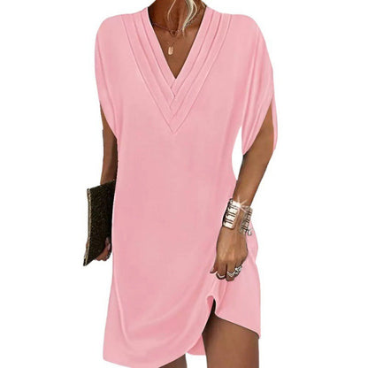 Women’s Mini Dress – Relaxed Fit – V-Neck Pleated – Batwing Sleeve – Flowy Fabric