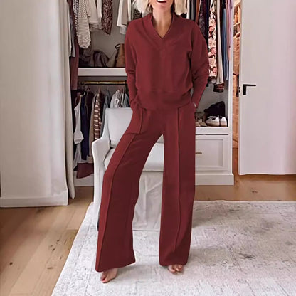 Women’s Two-Piece Set – V-Neck Long Sleeve Top – High Waist Wide-Leg Knit Pants