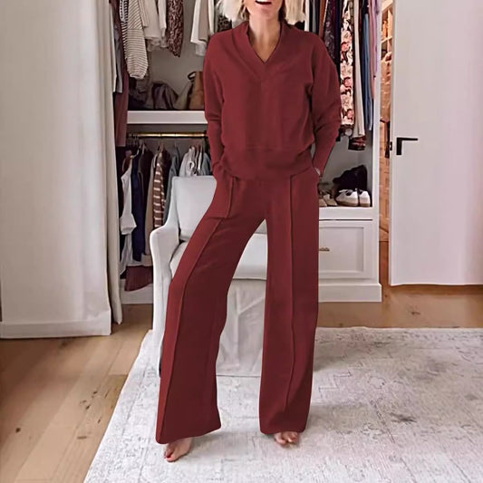 Women’s Two-Piece Set – V-Neck Long Sleeve Top – High Waist Wide-Leg Knit Pants