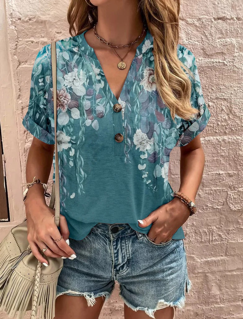 Women’s Shirt – Relaxed Fit – Short Sleeve – V-Neck – Floral Pattern – Soft Blend
