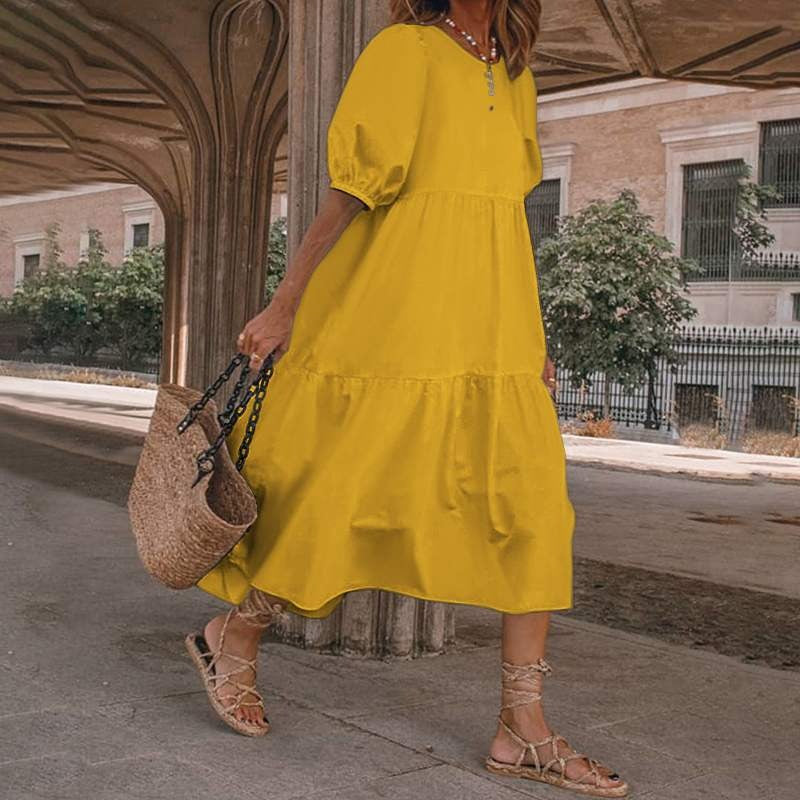 Women’s Midi Dress – Cotton Blend – A-Line Fit – Scoop Neck – Puff Sleeves – Tiered Skirt