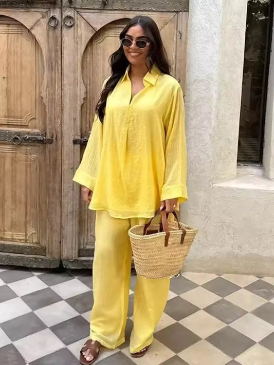 Women’s Two-Piece Set – Relaxed Fit Lapel Blouse – Wide-Leg Trousers – Cotton Linen