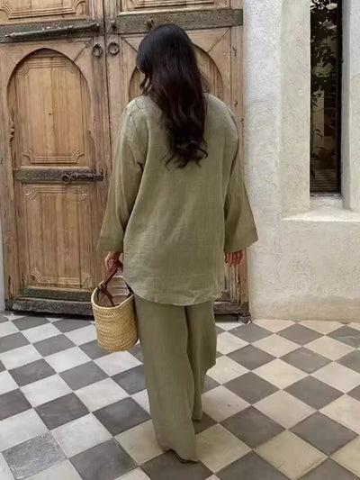 Women’s Two-Piece Set – Relaxed Fit Lapel Blouse – Wide-Leg Trousers – Cotton Linen