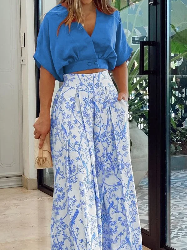 Women’s Two-Piece Set – Cropped Dolman Sleeve Top – Wide-Leg Pleated Trousers – Breathable Blend