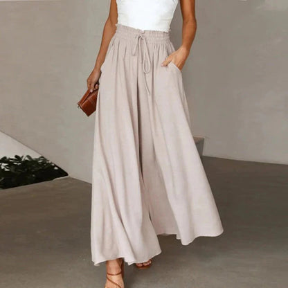Women’s Wide Leg Trousers – High Waist – Cotton Feel – Drawstring – Full Length