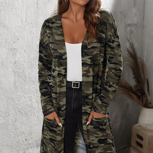 Women’s Long Jacket – Relaxed Fit – Cotton Blend – Open Front – Camo Print – Pockets