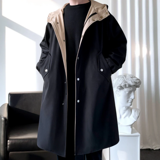 Men’s Long-Line Coat – Relaxed Fit – Hooded – Snap Button Front – Two-Tone Lining