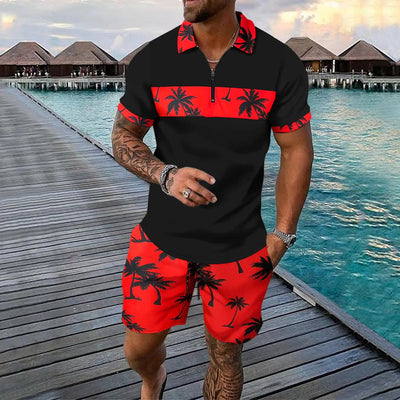 Men’s Casual Suit Set – Zip Polo Shirt – Palm Tree Print – Drawstring Shorts