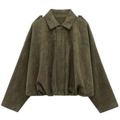 Women’s Bomber Jacket – Cropped Fit – Lapel Collar – Zip Front – Elastic Hem – Epaulettes
