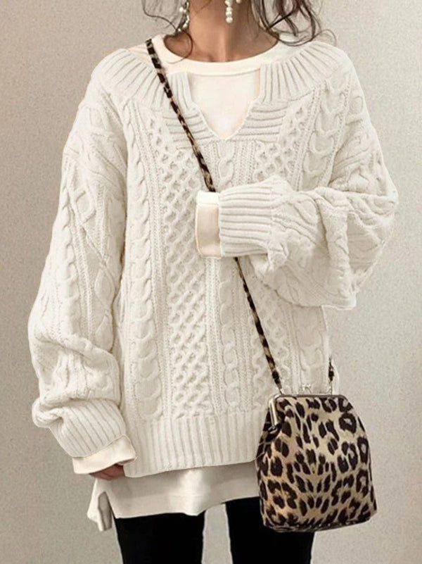 Women’s Sweater – Oversized Fit – Chunky Wool Knit – Cable Design – Notch Round Neck
