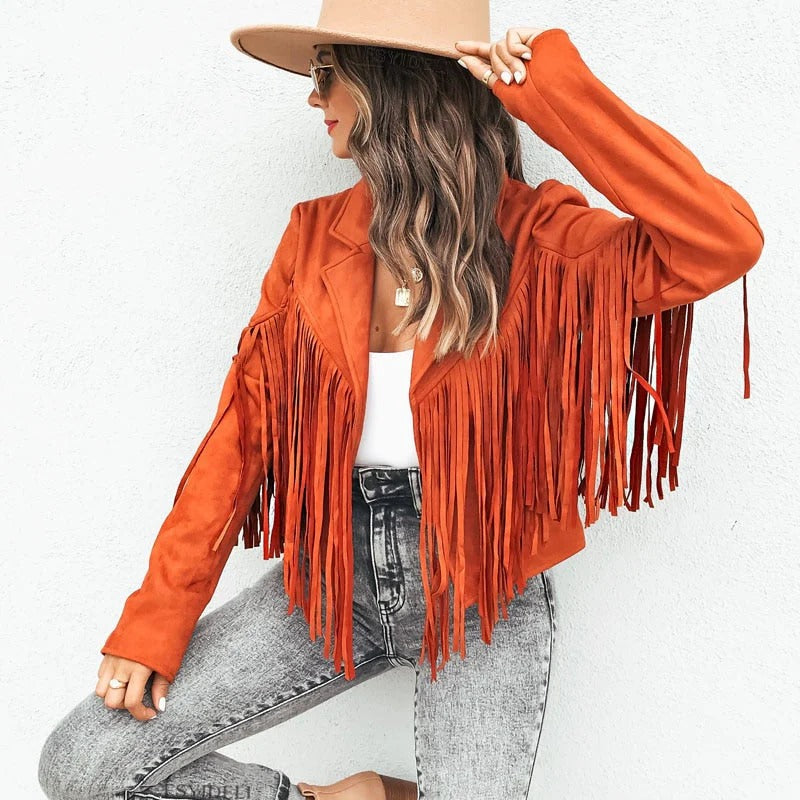 Women’s Leather Jacket – Fringe Detail – Casual Tailored Fit – Hip Length Layering Piece