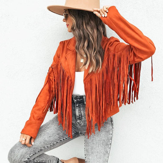 Women’s Leather Jacket – Fringe Detail – Casual Tailored Fit – Hip Length Layering Piece