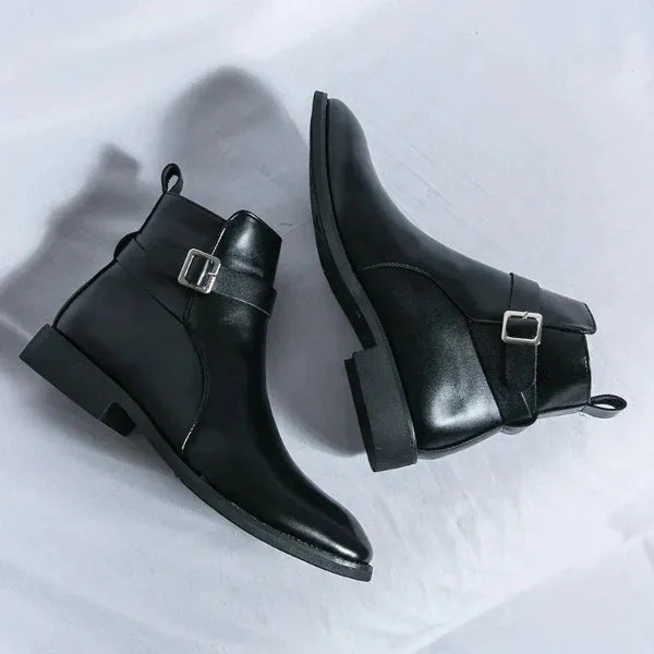 Men’s Chelsea Boots – Smooth Leather – Side Zipper – Buckle Detail – Ankle Length