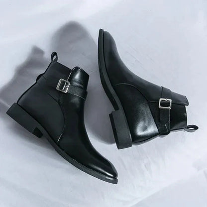 Men’s Chelsea Boots – Smooth Leather – Side Zipper – Buckle Detail – Ankle Length