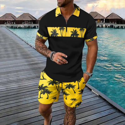 Men’s Casual Suit Set – Zip Polo Shirt – Palm Tree Print – Drawstring Shorts