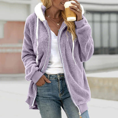 Women’s Hooded Coat – Teddy Fleece – Oversized Fit – Zip Front – Ribbed Cuffs