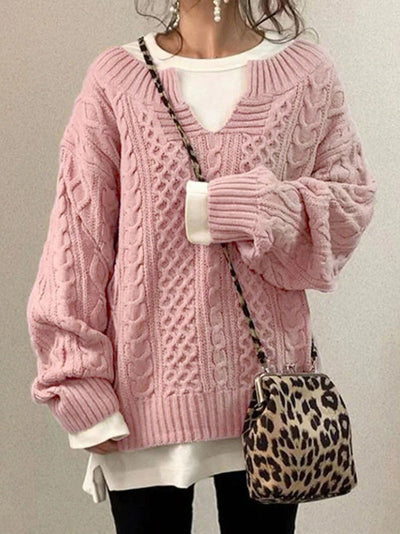 Women’s Sweater – Oversized Fit – Chunky Wool Knit – Cable Design – Notch Round Neck