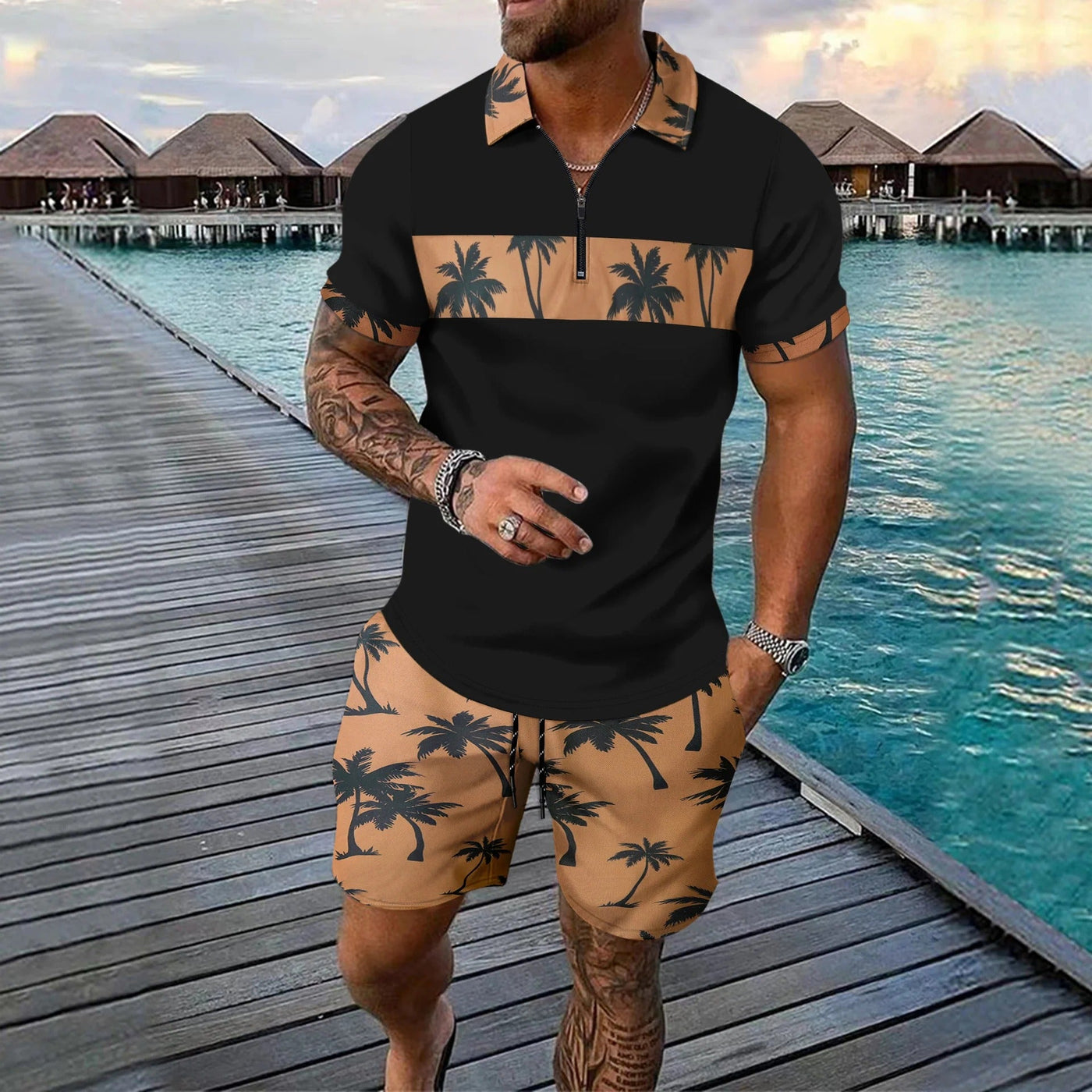 Men’s Casual Suit Set – Zip Polo Shirt – Palm Tree Print – Drawstring Shorts