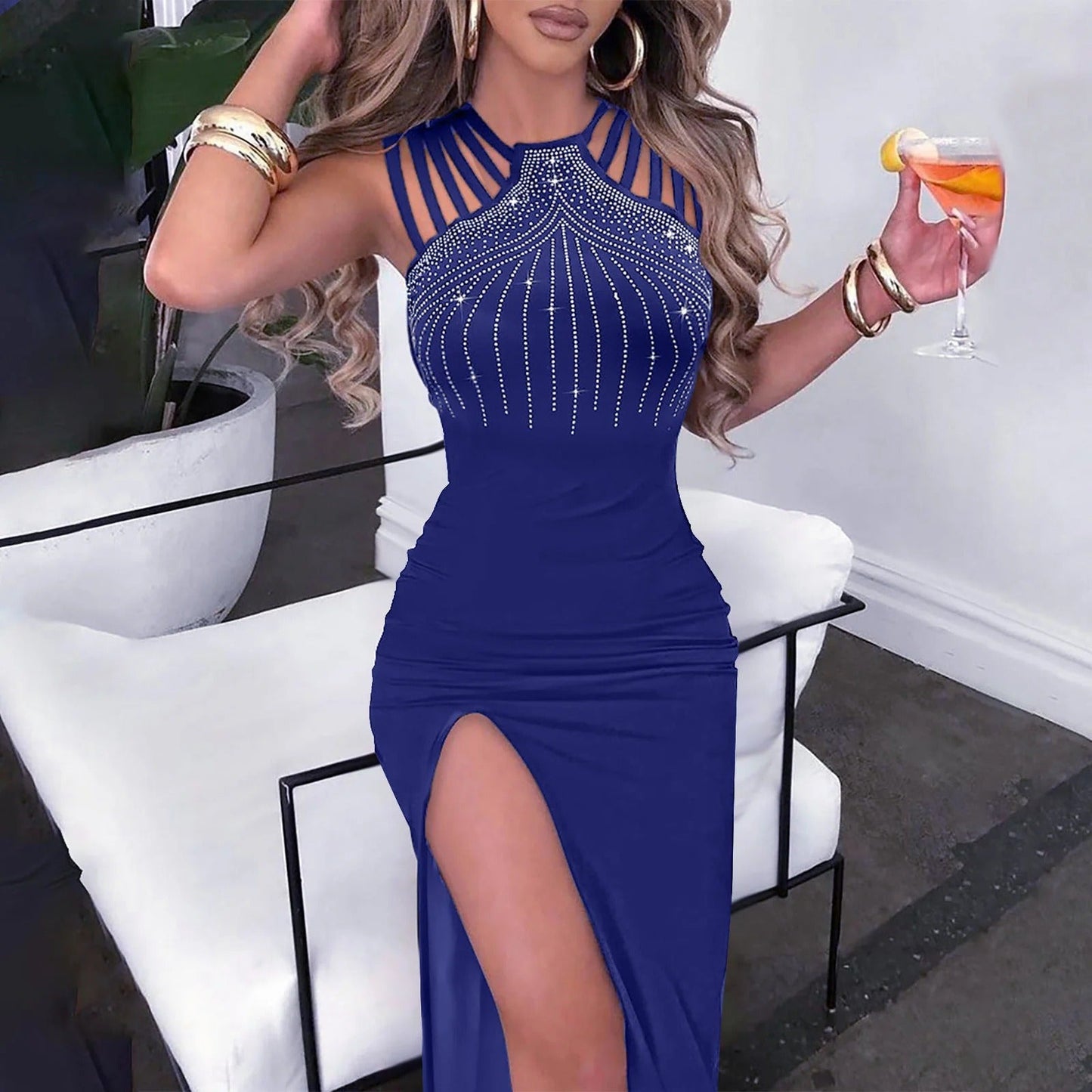 Women’s Maxi Dress – Strappy Bodice – Sparkling Detail – High Slit