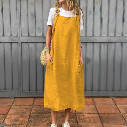 Women’s Midi Dress  – Relaxed Fit – Adjustable Straps – Front Pockets