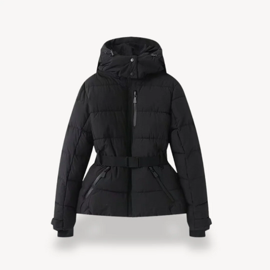 Women’s Puffer Jacket – Fitted Waist – Hooded – Quilted – Zip Front – High Collar