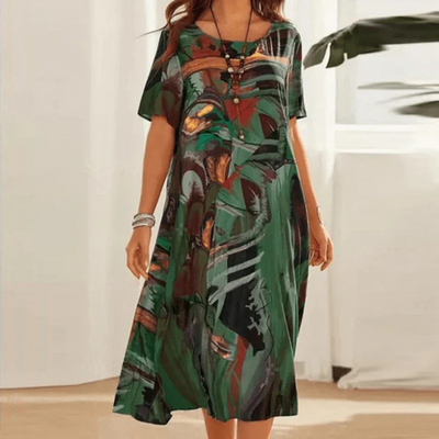 Women’s Midi Dress – Relaxed Fit – Cotton – Short Sleeve – Abstract Print