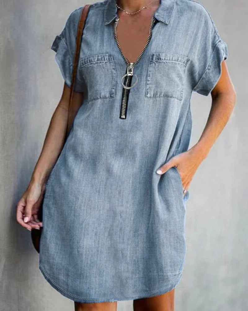 Women’s Denim Mini Dress – Relaxed Fit – Zipper Front – Short Sleeve – Utility Pockets