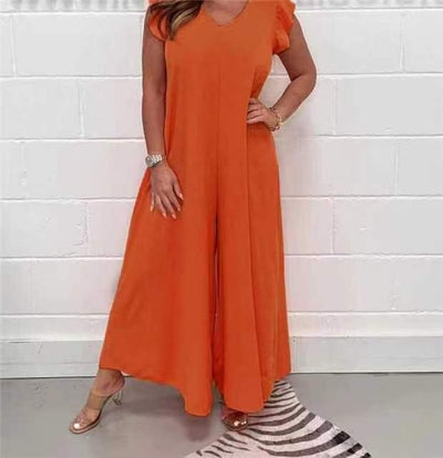 Women’s Overalls – Wide Leg Fit – Ruffled Shoulder – V-Neck – Breathable Fabric