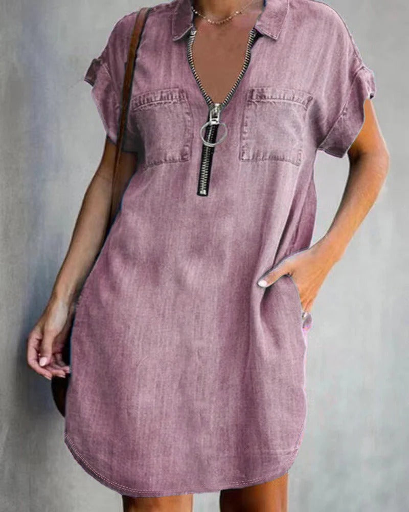 Women’s Denim Mini Dress – Relaxed Fit – Zipper Front – Short Sleeve – Utility Pockets