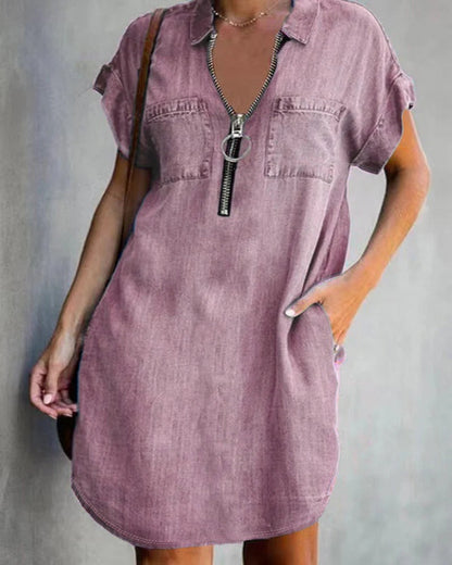 Women’s Denim Mini Dress – Relaxed Fit – Zipper Front – Short Sleeve – Utility Pockets