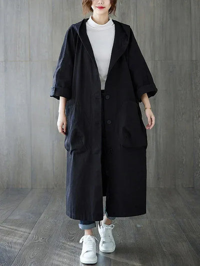 Women’s Trench Coat – Oversized Fit – Water-Repellent – Hooded – Longline Casual Style