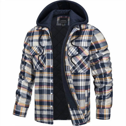 Men’s Bomber Jacket – Quilted Lining – Plaid Pattern – Hooded – Casual Fit Zip Front