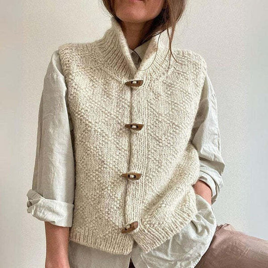 Women’s Vest – Wool Knit – Relaxed Fit – Stand Collar – Toggle Closure – Hip Length