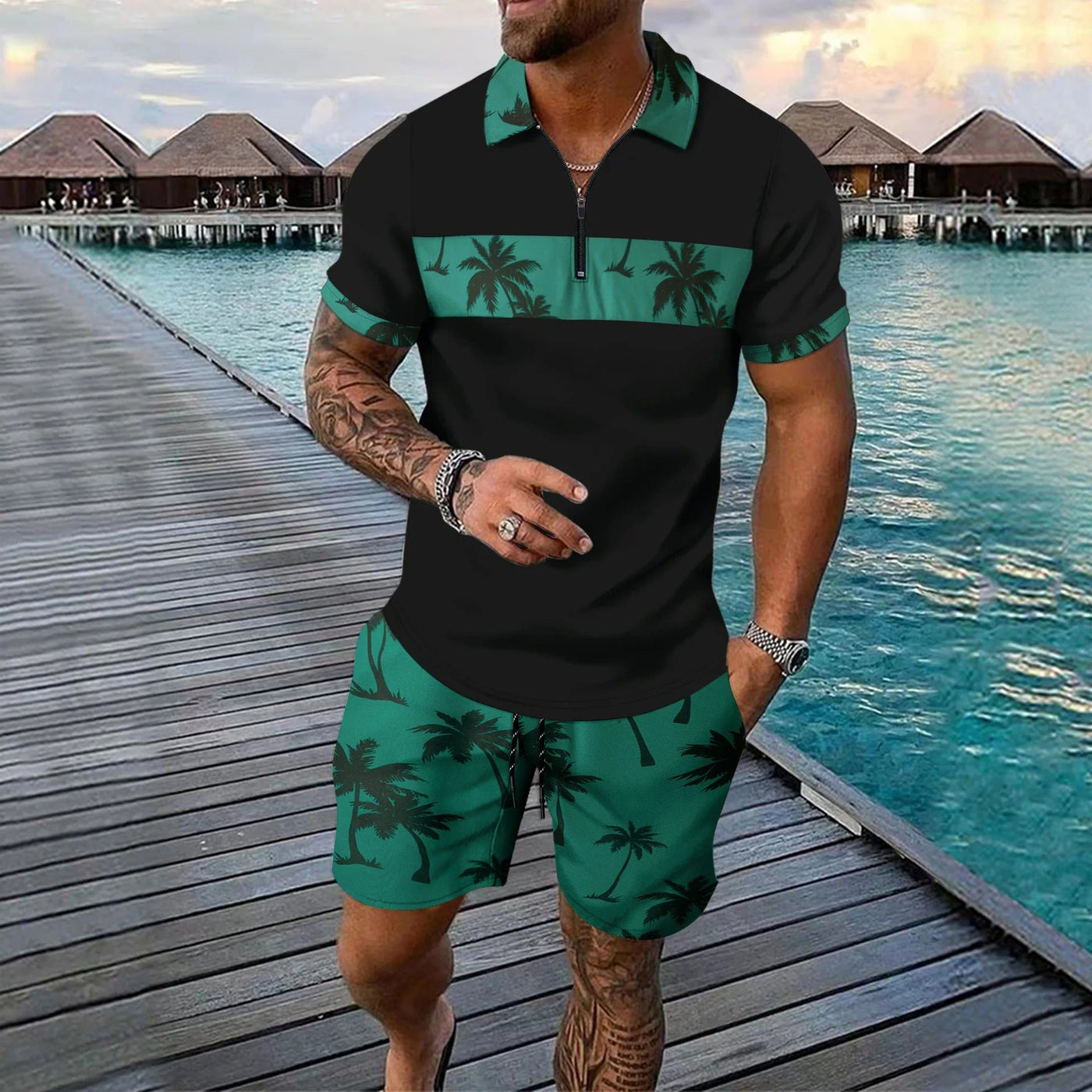 Men’s Casual Suit Set – Zip Polo Shirt – Palm Tree Print – Drawstring Shorts